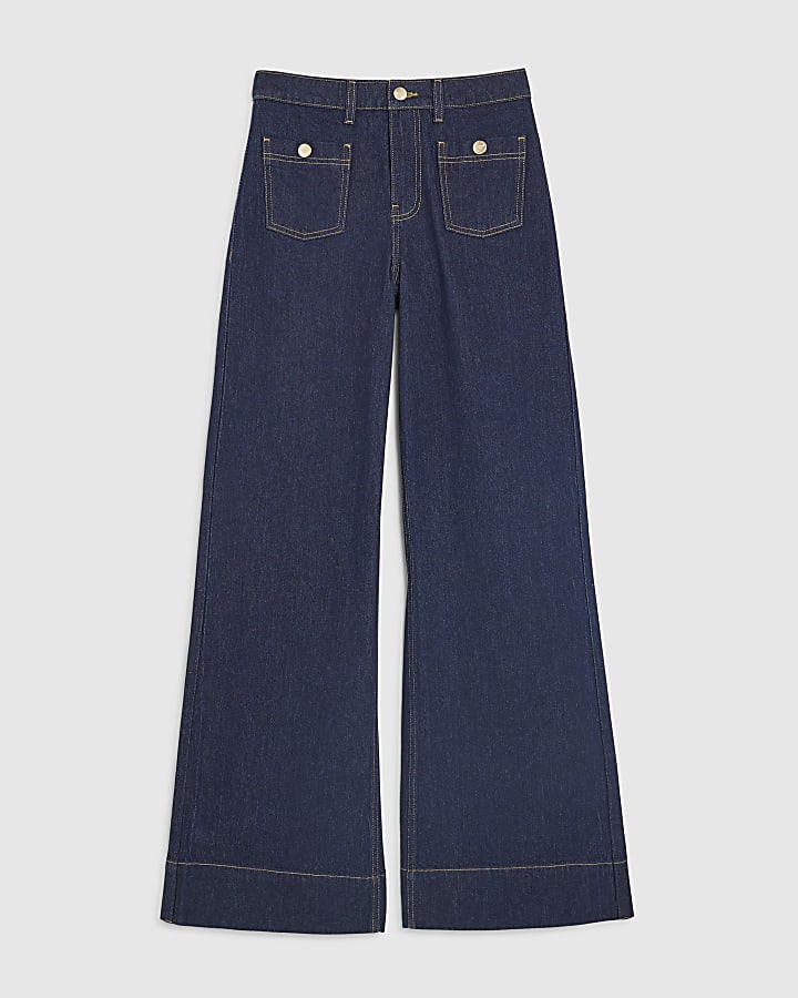 river island Blue High Rise Front Pocket Palazzo Jeans