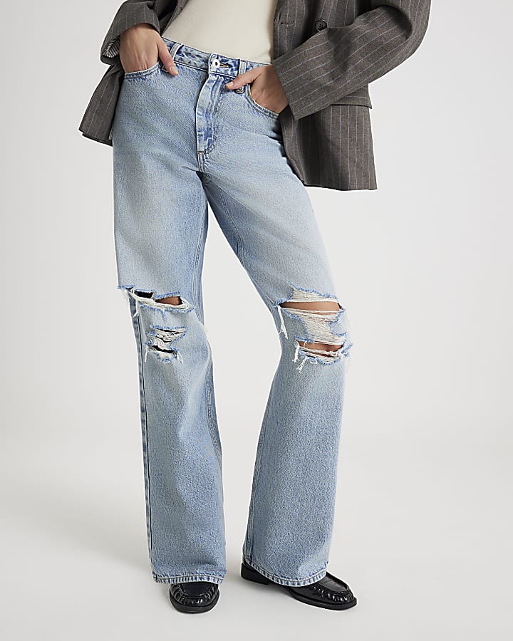 River Island Blue High Rise Relaxed Straight Ripped Jeans