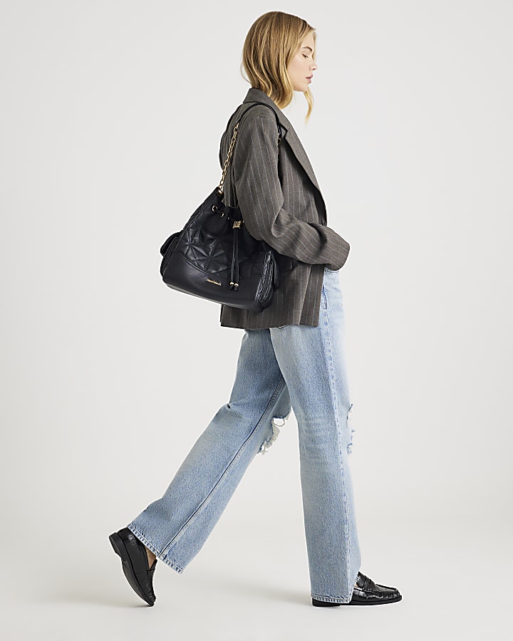 River Island Blue High Rise Relaxed Straight Ripped Jeans