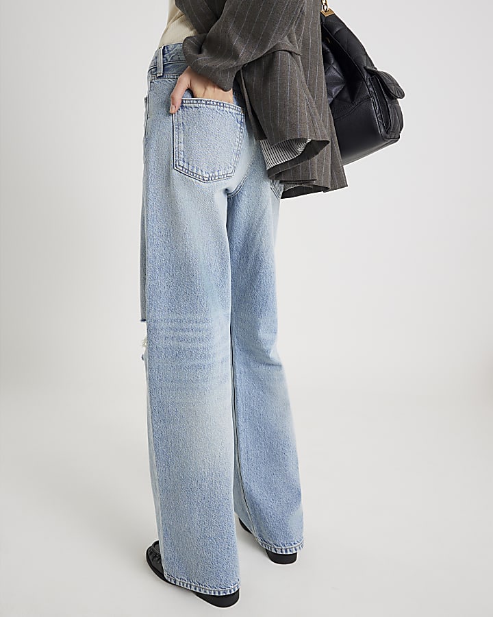 river island Blue High Rise Relaxed Straight Ripped Jeans