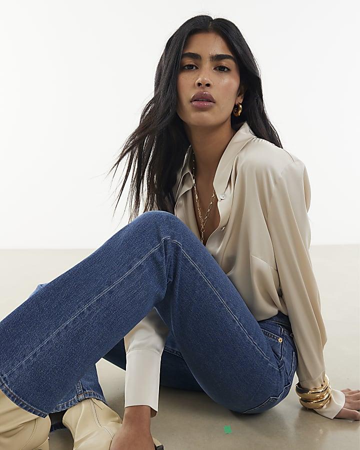 River Island Blue High Rise Stretch Straight Leg Jeans