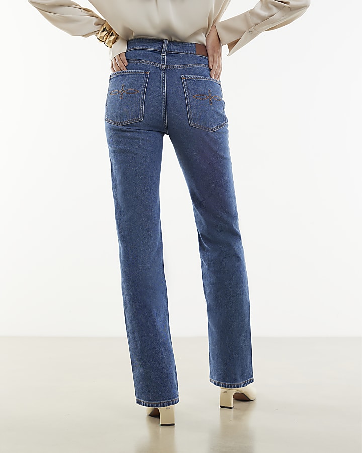 River Island Blue High Rise Stretch Straight Leg Jeans