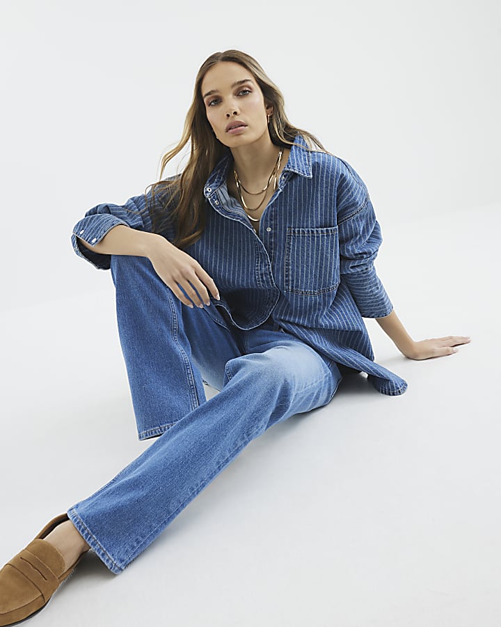 River Island Blue High Rise Stretch Straight Leg Jeans