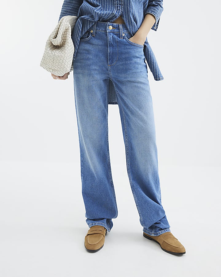 River Island Blue High Rise Stretch Straight Leg Jeans