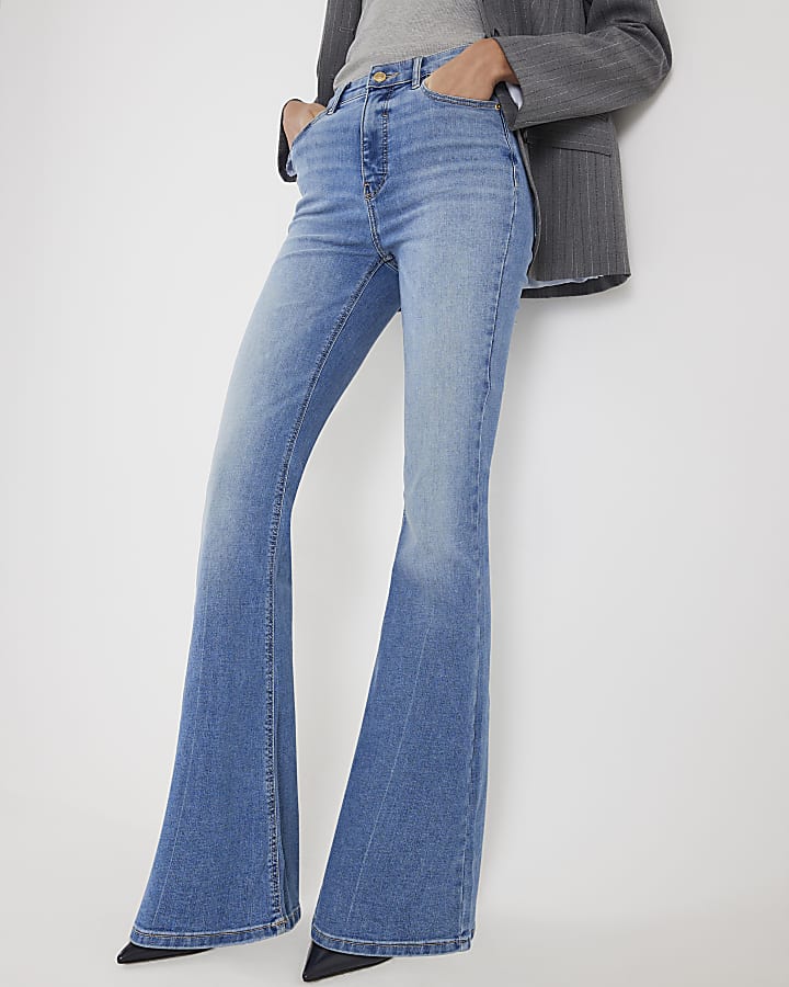 River Island Blue High Rise Tummy Hold Sculpt Flared Jeans
