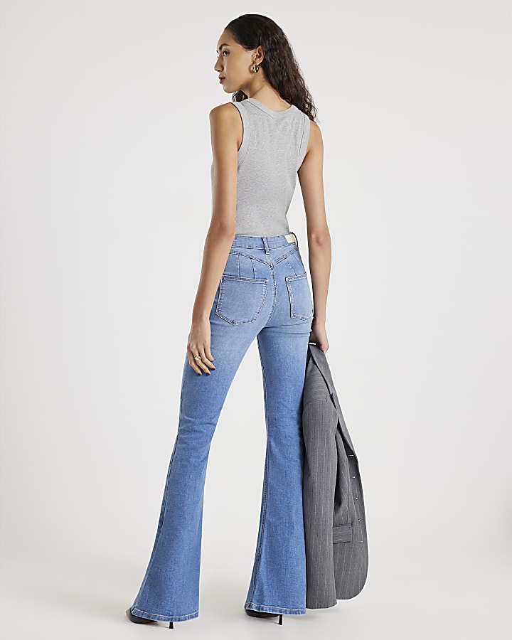 River Island Blue High Rise Tummy Hold Sculpt Flared Jeans
