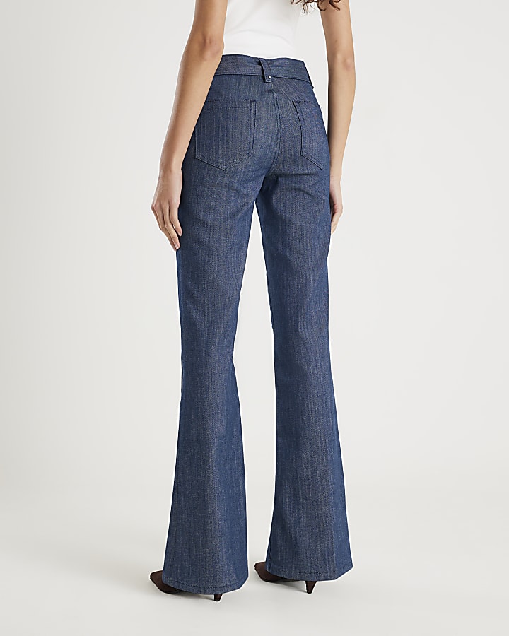 River Island Blue High Waisted Relaxed Flare Seam Jeans