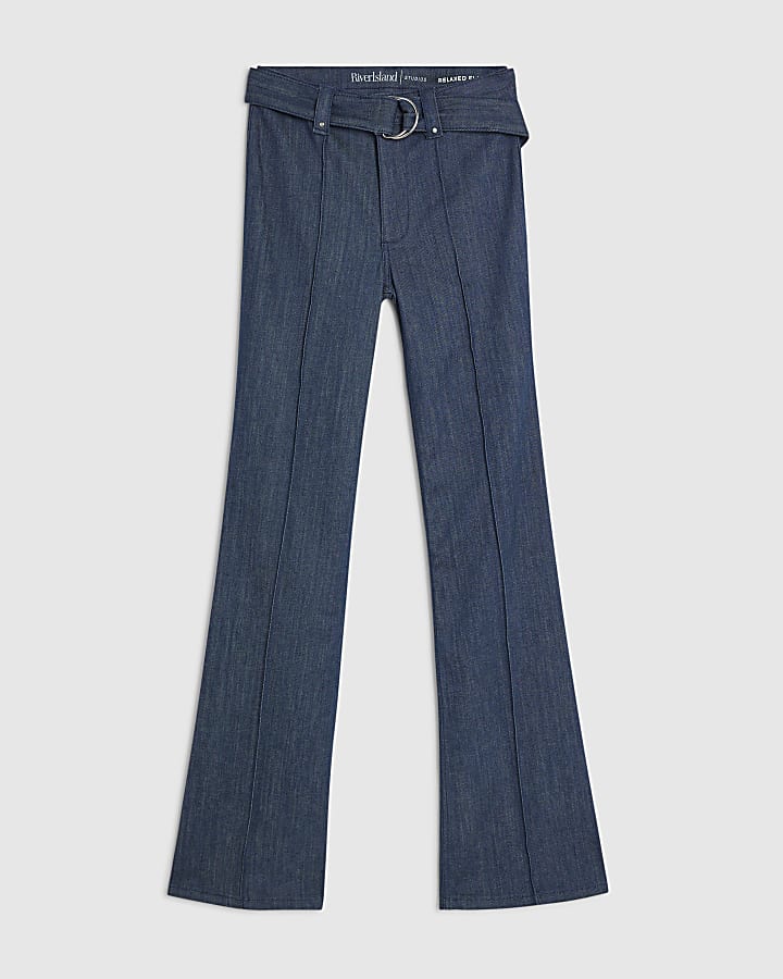 river island Blue High Waisted Relaxed Flare Seam Jeans
