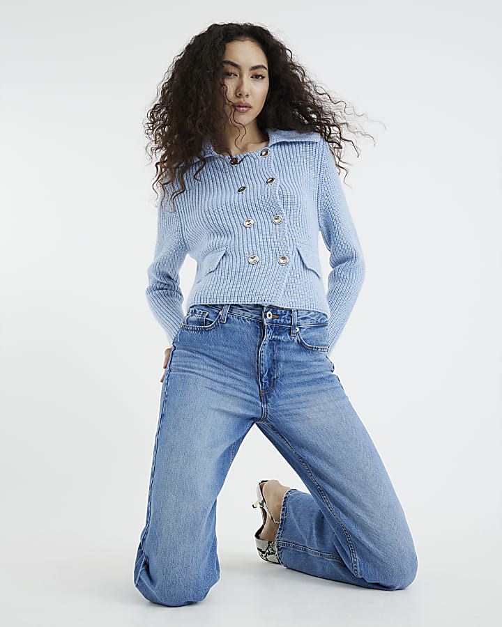 River Island Blue High Waisted Relaxed Straight Leg Jeans