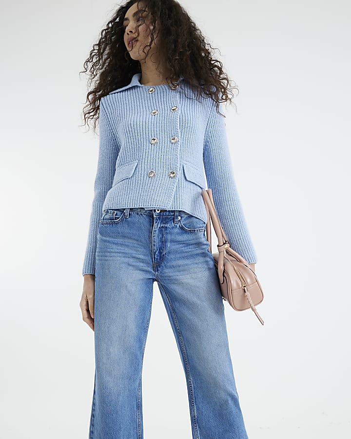 River Island Blue High Waisted Relaxed Straight Leg Jeans