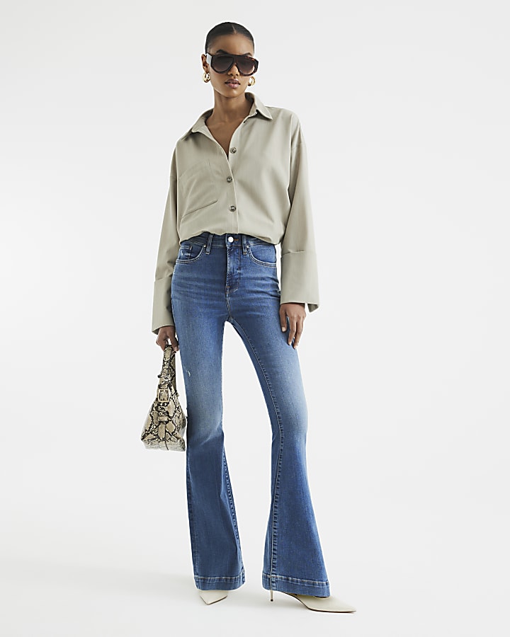 River Island Blue High Waisted Tummy Hold Flared Jeans