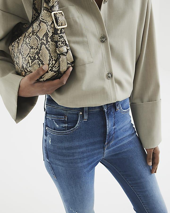 River Island Blue High Waisted Tummy Hold Flared Jeans