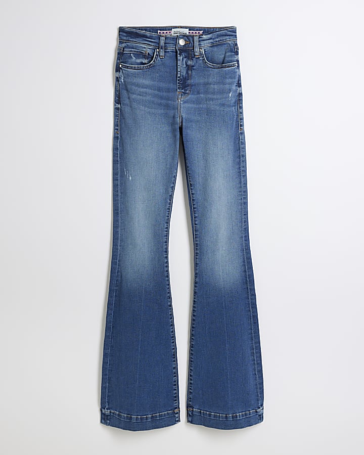 river island Blue High Waisted Tummy Hold Flared Jeans