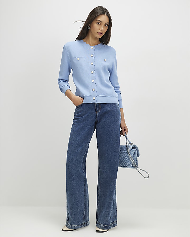 River Island Blue Knit Fitted Scallop Trim Cardigan
