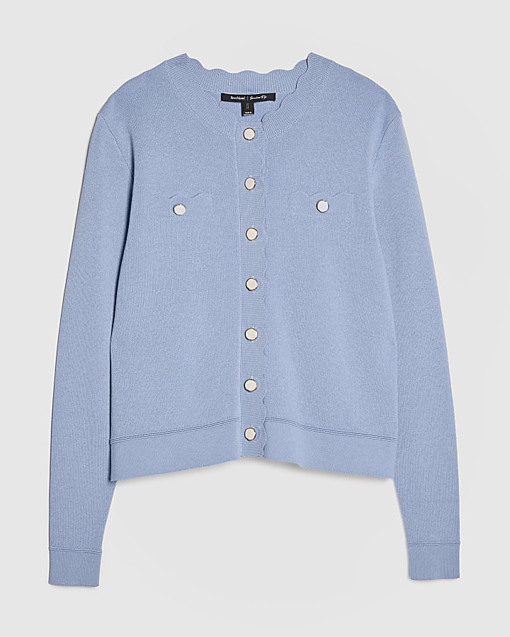 river island Blue Knit Fitted Scallop Trim Cardigan