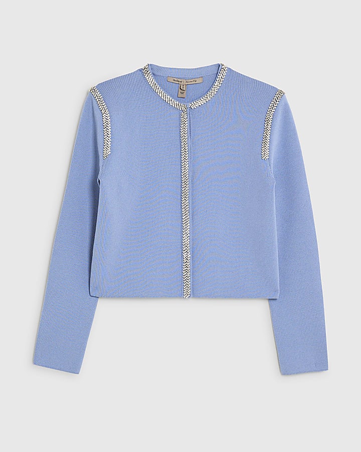 river island Blue Knit Shoulder Pad Embellished Cardigan