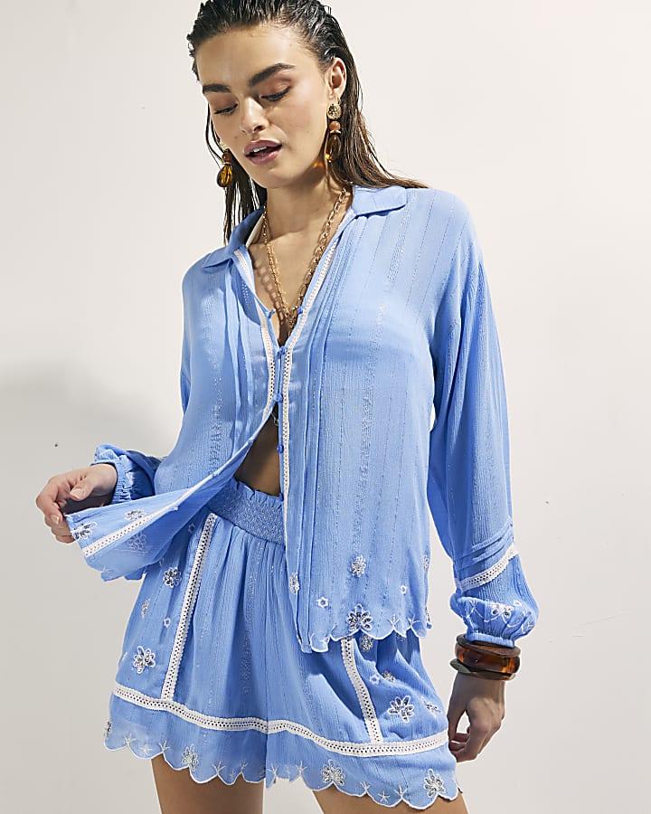 River Island Blue Lace Trim Embroidered Beach Shirt