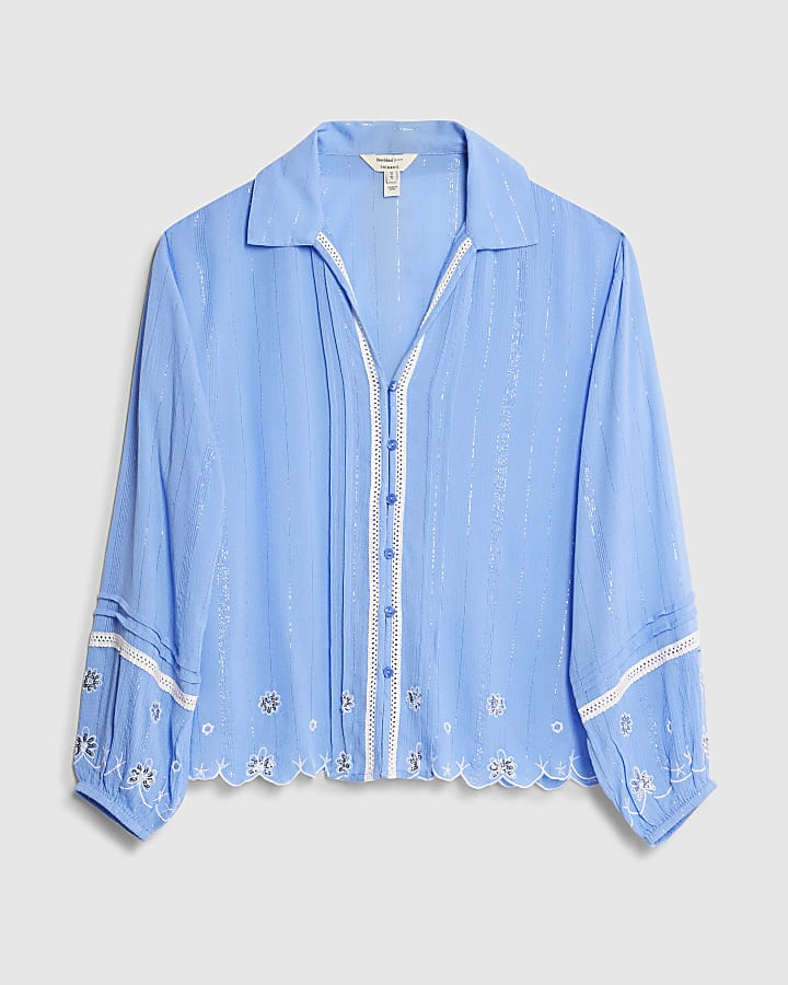 river island Blue Lace Trim Embroidered Beach Shirt