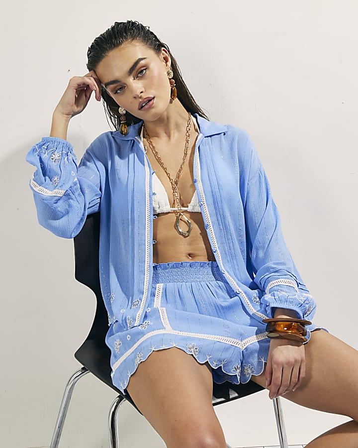 River Island Blue Lace Trim Embroidered Beach Shorts