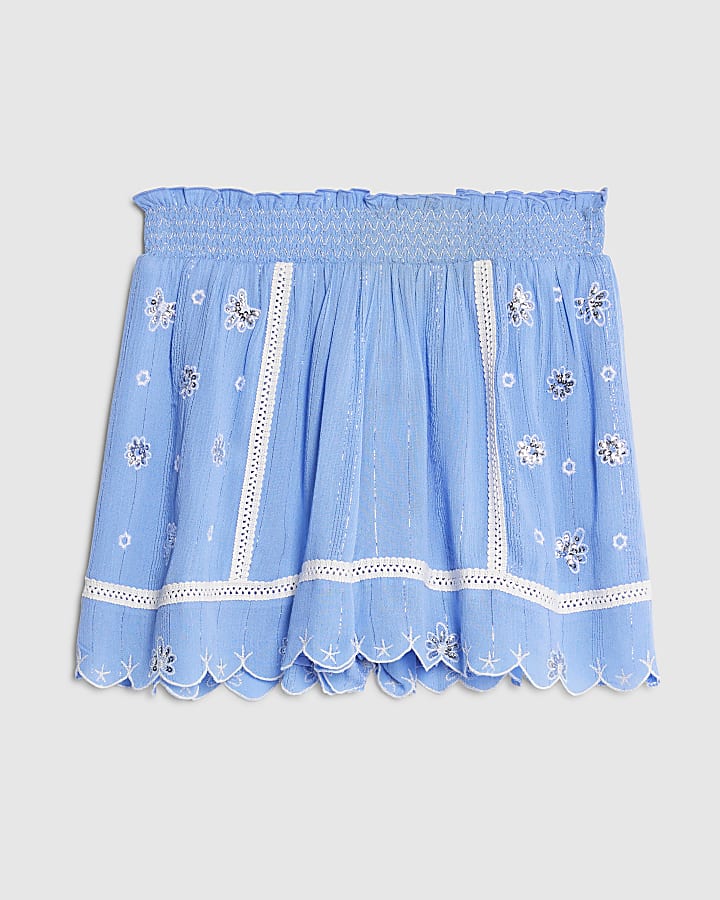 river island Blue Lace Trim Embroidered Beach Shorts