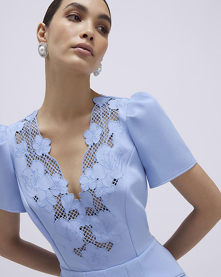 River Island Blue Lace Trimmed Short Sleeve Playsuit