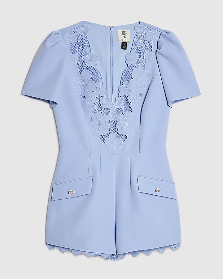 river island Blue Lace Trimmed Short Sleeve Playsuit