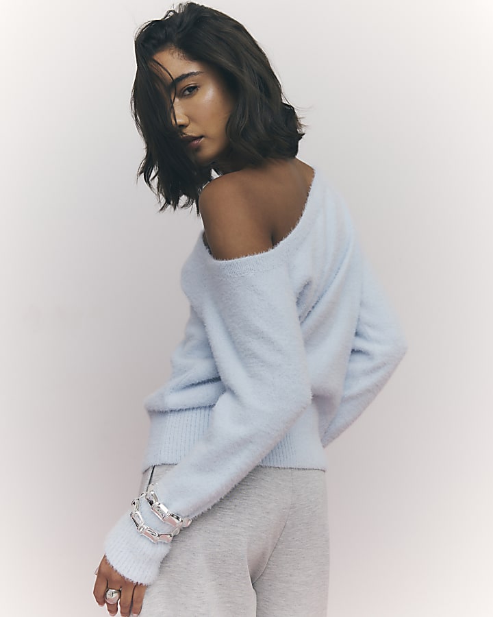 River Island Blue Long Sleeve Asymmetric Fluffy Top