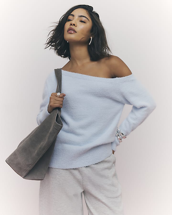 River Island Blue Long Sleeve Asymmetric Fluffy Top