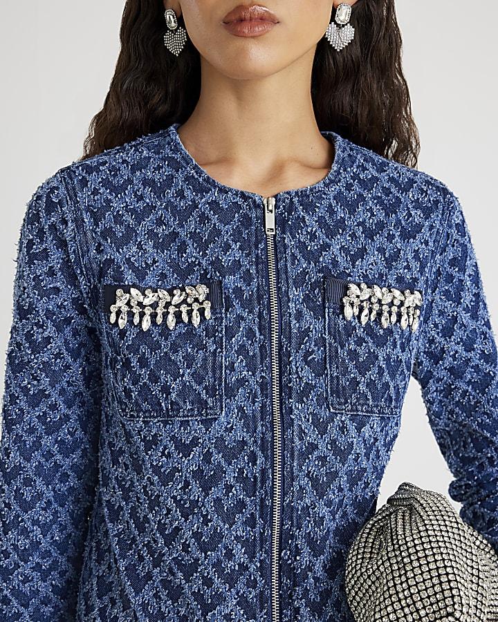 River Island Blue Long Sleeve Embellished Boucle Jacket