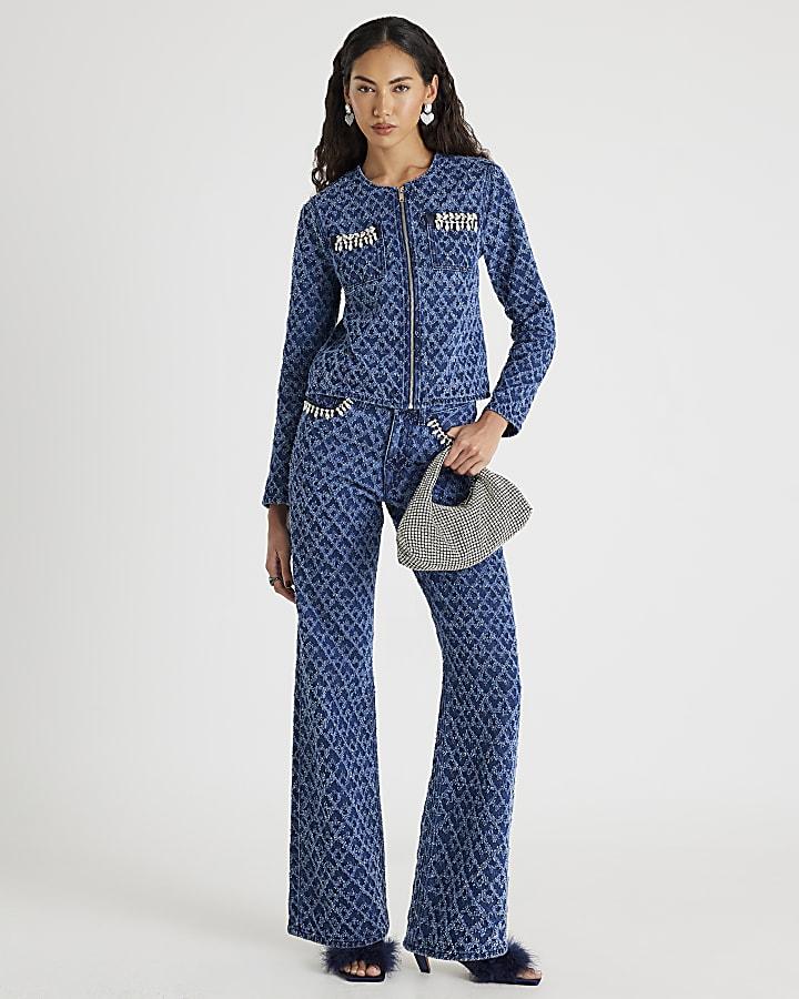 River Island Blue Long Sleeve Embellished Boucle Jacket