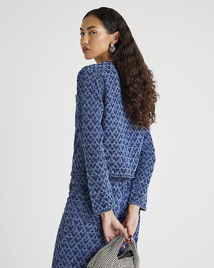 River Island Blue Long Sleeve Embellished Boucle Jacket