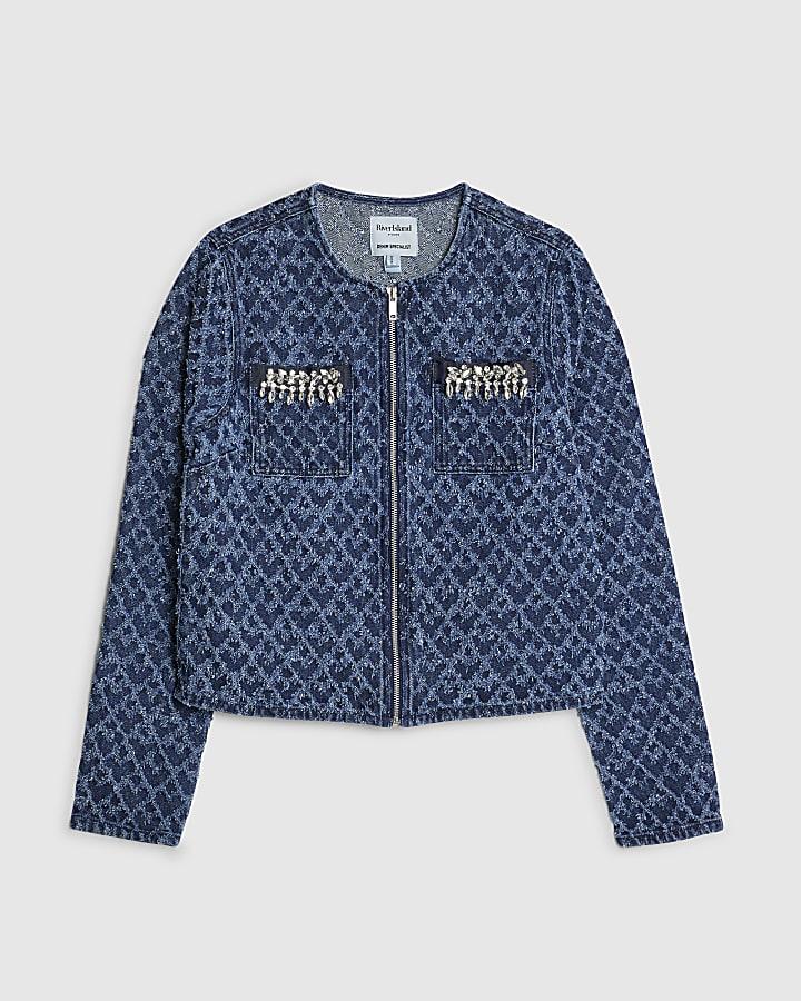 river island Blue Long Sleeve Embellished Boucle Jacket