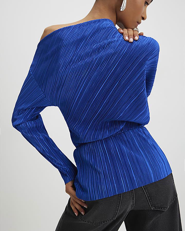 River Island Blue Long Sleeve Plisse Asymmetric Drape Top