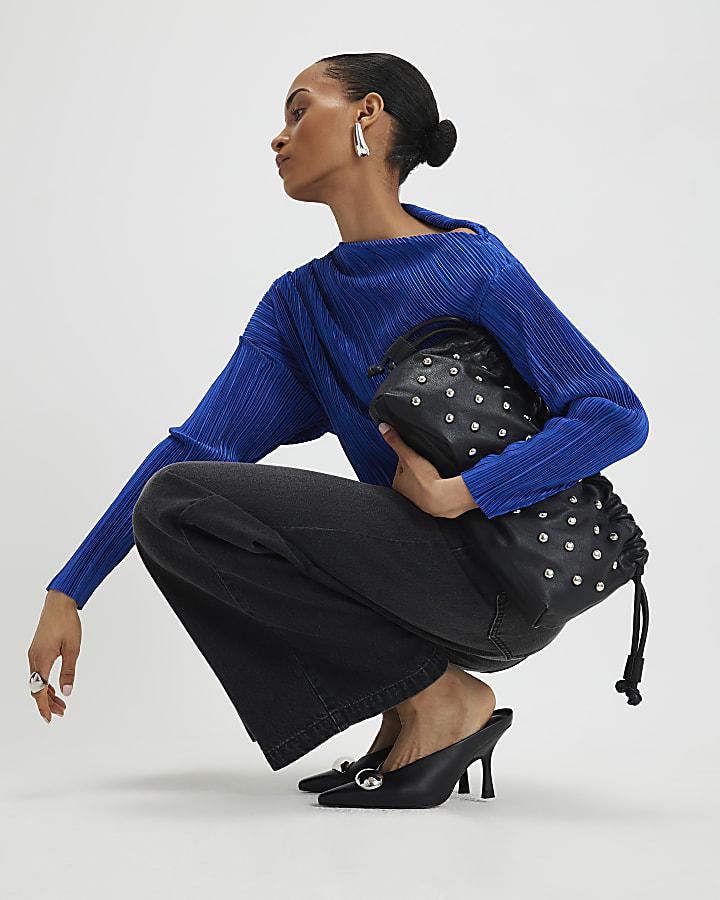 River Island Blue Long Sleeve Plisse Asymmetric Drape Top