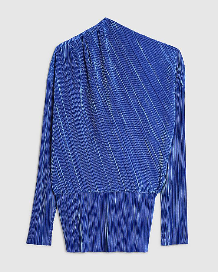 river island Blue Long Sleeve Plisse Asymmetric Drape Top