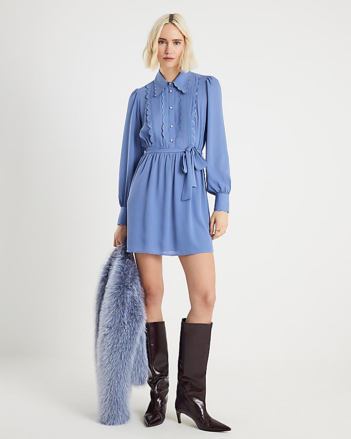 River Island Blue Long Sleeve Scallop Trim Shirt Dress