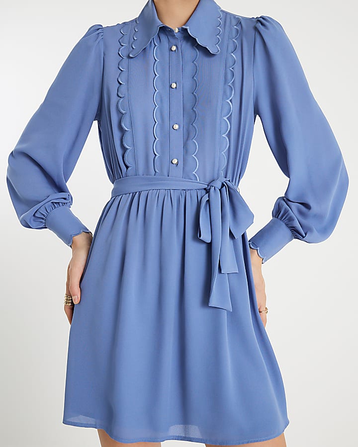 River Island Blue Long Sleeve Scallop Trim Shirt Dress