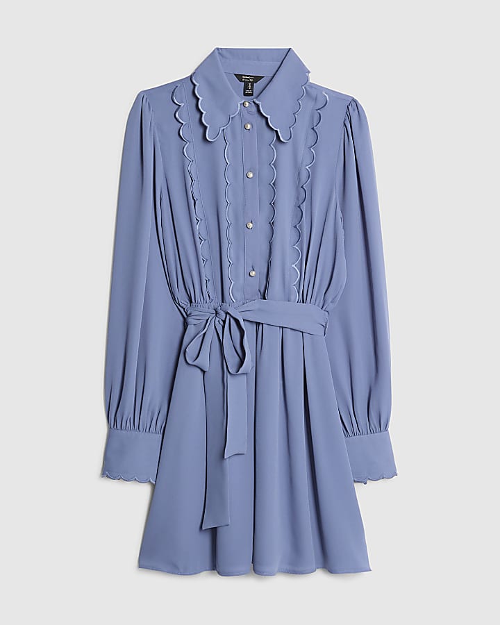 river island Blue Long Sleeve Scallop Trim Shirt Dress