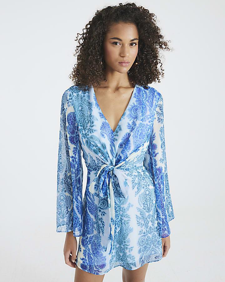 River Island Blue Long Sleeve Tie Front Paisley Mini Dress