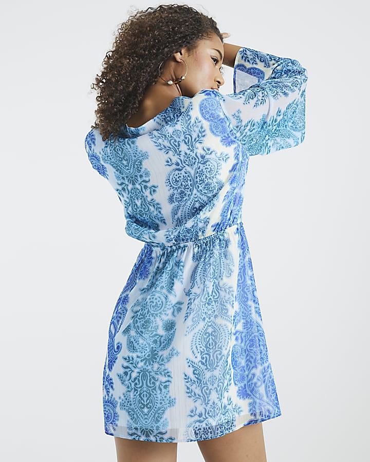 River Island Blue Long Sleeve Tie Front Paisley Mini Dress