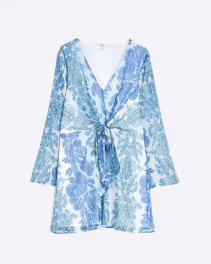 river island Blue Long Sleeve Tie Front Paisley Mini Dress