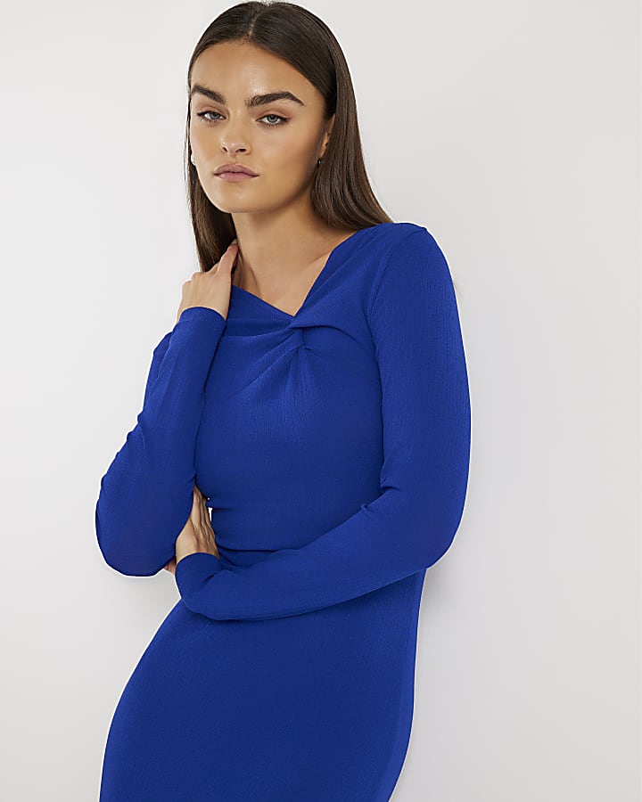 River Island Blue Long Sleeve Twist Front Midi Dress