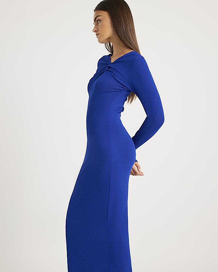 River Island Blue Long Sleeve Twist Front Midi Dress