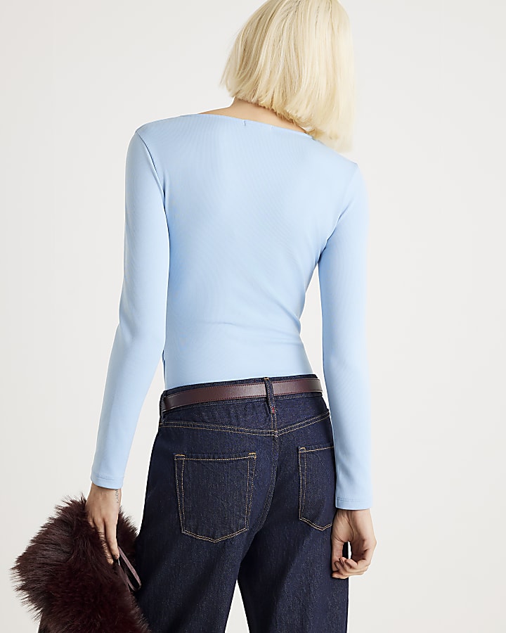 River Island Blue Long Sleeve V Neck Ruched Side Bodysuit