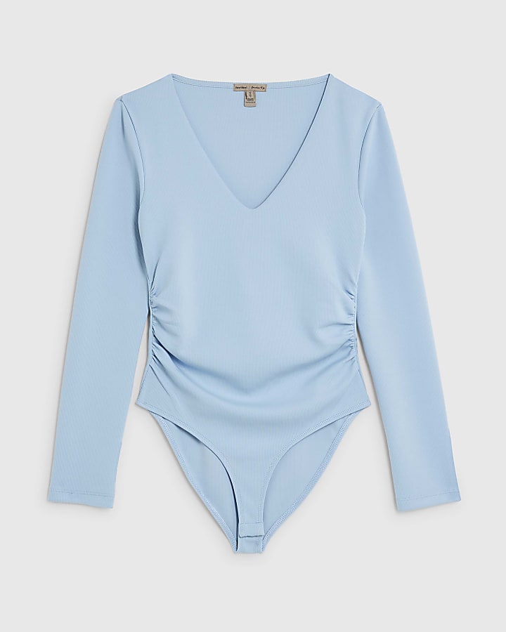 river island Blue Long Sleeve V Neck Ruched Side Bodysuit