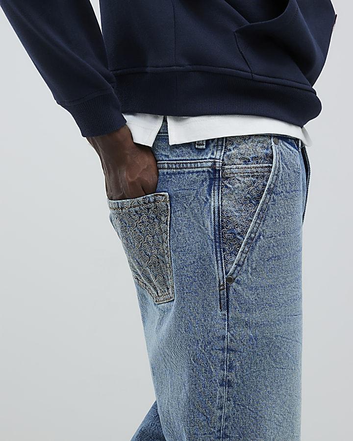 River Island Blue Loose Fit Embroidered Pocket Jeans