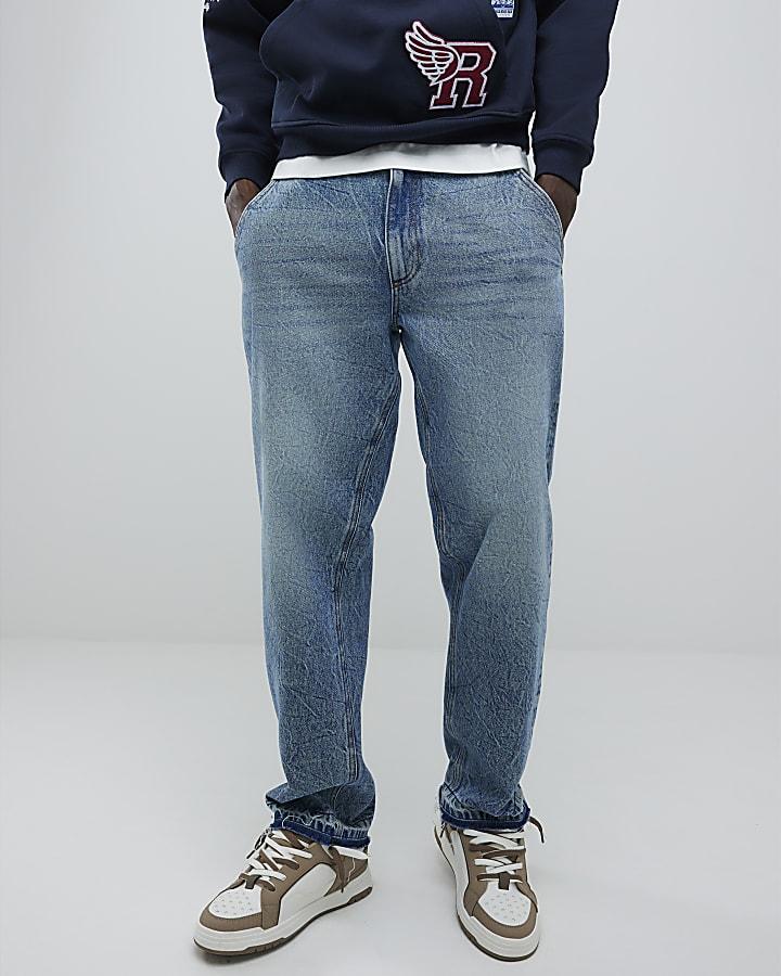 River Island Blue Loose Fit Embroidered Pocket Jeans