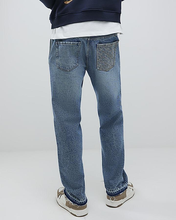 River Island Blue Loose Fit Embroidered Pocket Jeans