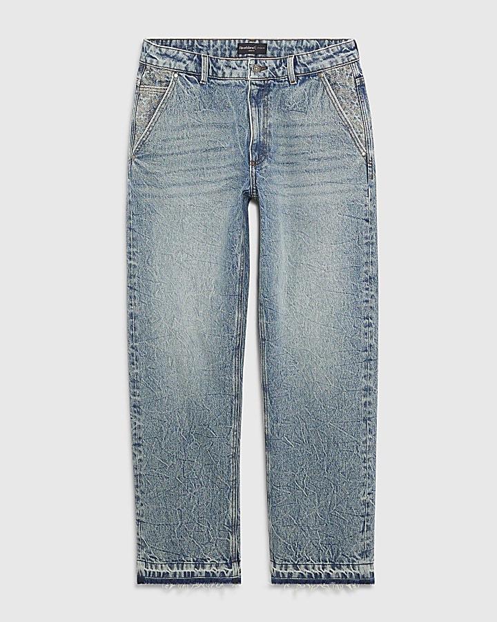 river island Blue Loose Fit Embroidered Pocket Jeans