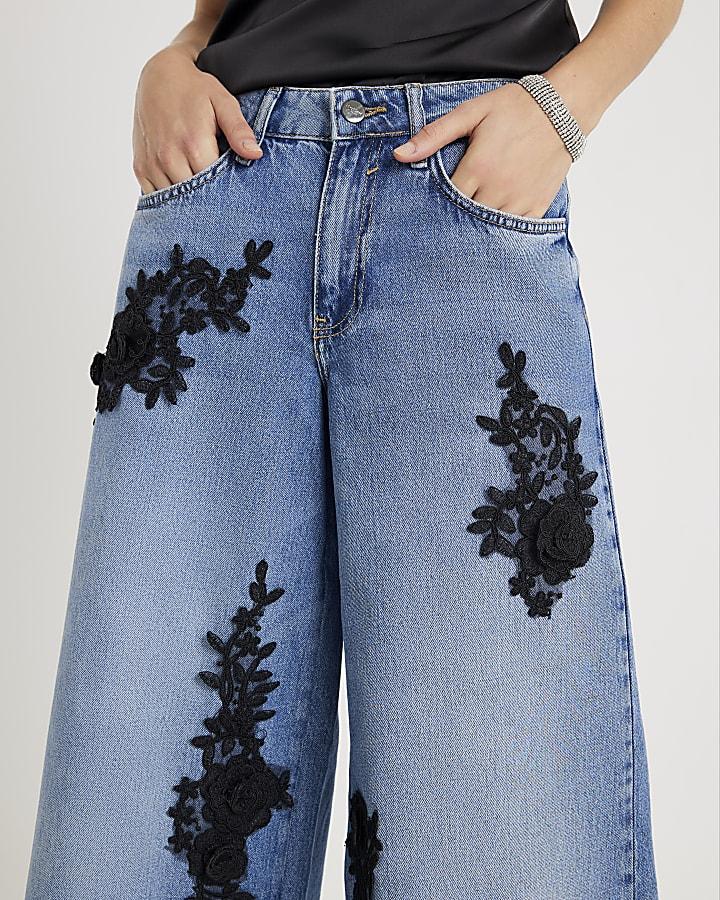 River Island Blue Low Rise Baggy Floral Applique Jeans